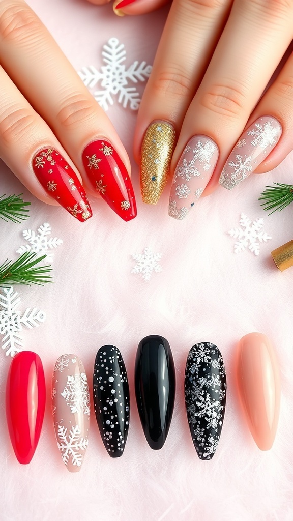 Elegant Christmas and New Year Nail Designs Elegant Christmas and New Year nail designs featuring red, blue, and black nail art with glitter and festive patterns.